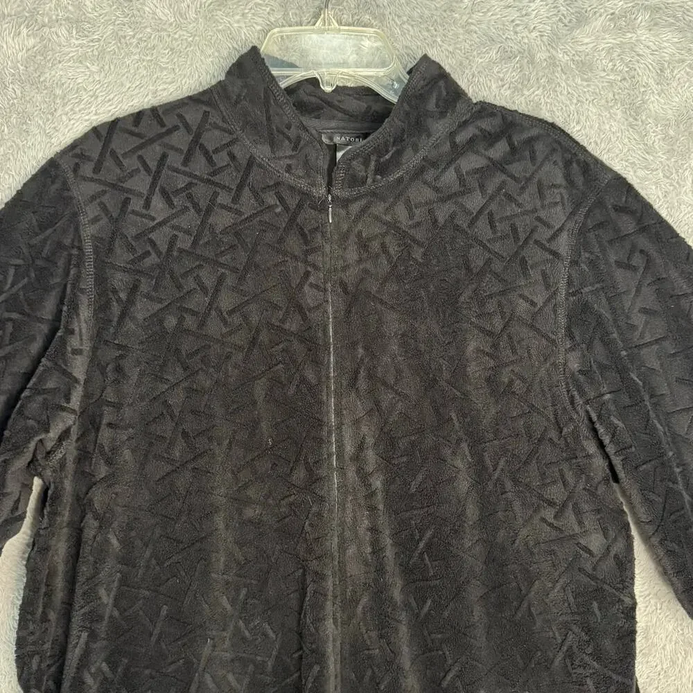 Natori Zip-Up Long Sleeve Stand Collar Maxi Robe Women XL Textured Velour Black